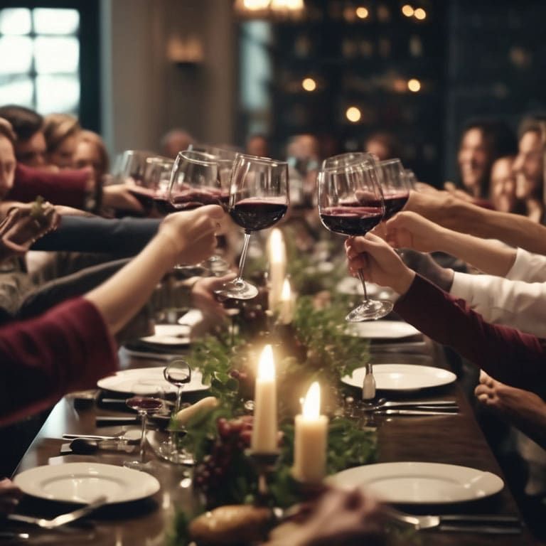 A group of people seated at a long dinner table clink wine glasses in a toast, with candles and greenery as the table centerpiece.