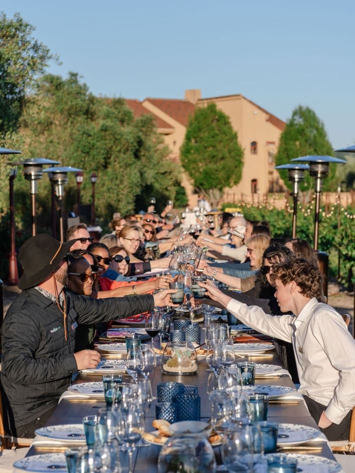 A large group of people seated at a long outdoor table clink glasses together during a meal on a sunny day.
