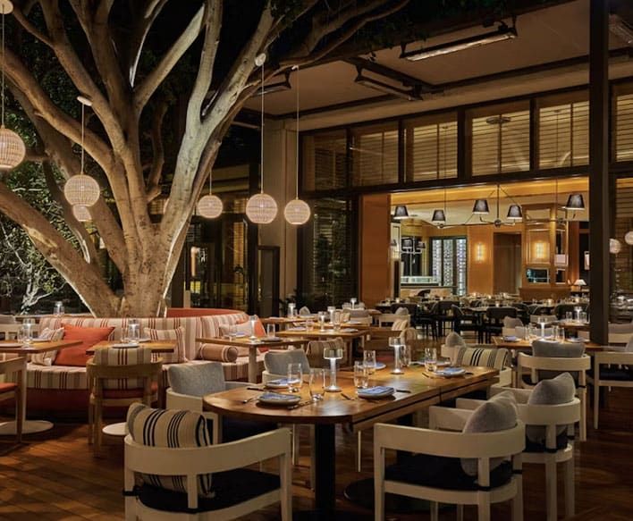 SET Steak & Sushi – a modern restaurant dining area features wooden tables, cushioned chairs, hanging globe lights, and a large tree in an outdoor setting..