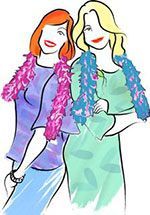cartoon drawing of Carol Owen and Whitney Bradley wearing boas