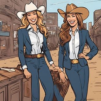 Two smiling women in western business suits and cowboy hats standing in a western-themed street setting.